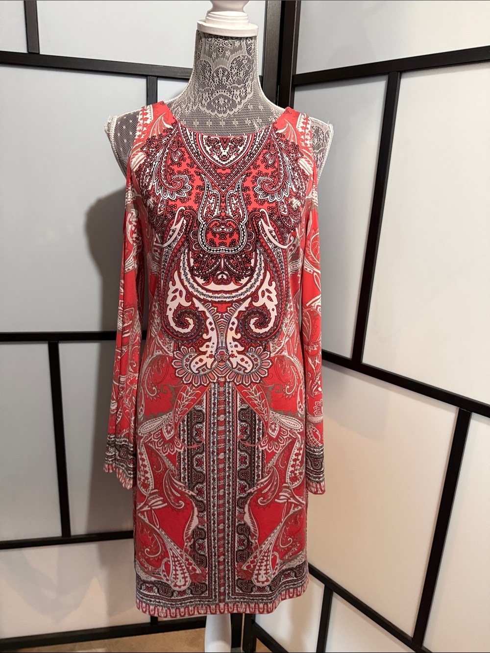 INC International Concepts Coral Paisley Cold-Shoulder Long-Sleeve Dress